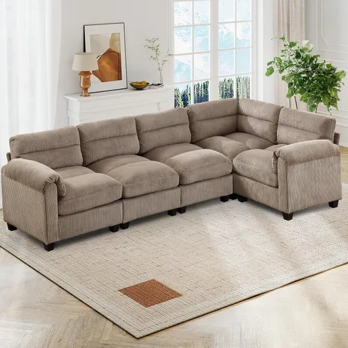 Vista 17 de HAOMARKETS Sofá esquinero modular en forma de L de 115 pulgadas con 2 otomanas móviles, sofás de pana de 8 plazas con cojín grueso para sala de Beige