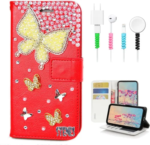 Vista 8 de Bling - Funda tipo cartera compatible con iPod Touch de 7ª generación (2019), elegante, diseño 3D hecho a mano de libélula y mariposa, funda de Azul