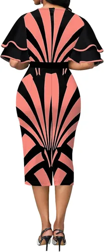 Vista 2 de FoveNK Vestido de tubo para mujer, elegante, manga con volantes, entallado, para ir al trabajo, con cremallera