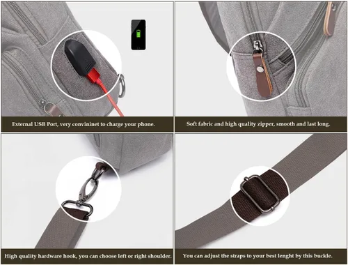 Vista 5 de Bolsa bandolera de lona, mochila cruzada, mochila de hombro casual para hombres y mujeres, actividades al aire libre, ciclismo, senderismo, viajes