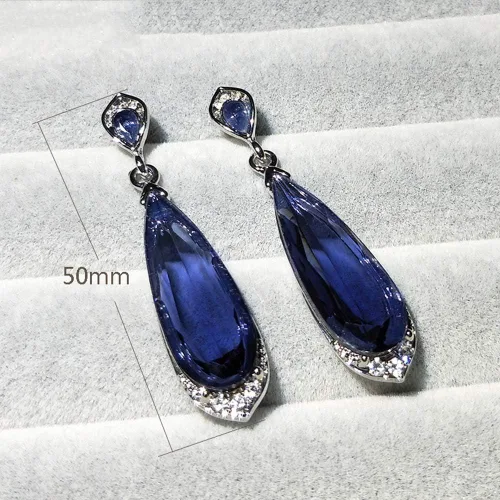 Vista 6 de Pendientes largos de cristal azul con forma de pera, diseño de gancho, estilo bohemio, joyería hecha a mano, excelente libro de moda
