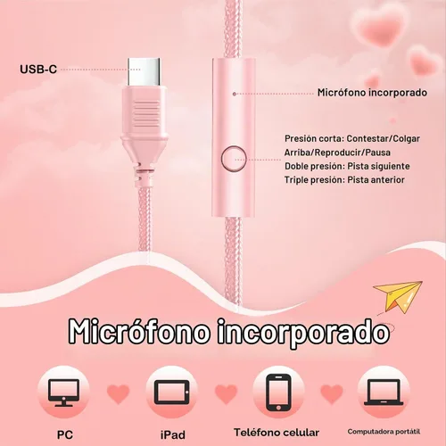 Vista 7 de Auriculares para niños con cable con micrófono HD, auriculares USB C Rosa