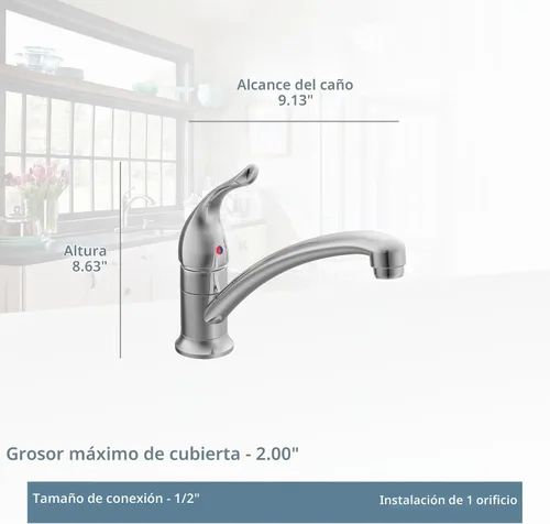 Vista 2 de Moen Chateau 7423 - Grifo de cocina estándar de arco bajo, cromado con un solo orificio