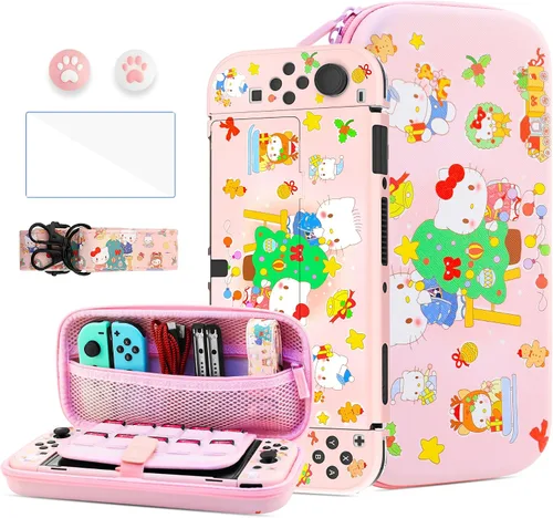 Vista 12 de HYPERCASE 8 in 1 Cute Anime Switch OLED Accessories Bundle, with Pink Switch OLED Carrying Travel Case, Hard PC Protective Cover Skin, HD Screen