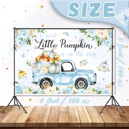 Vista 3 de Fondo de decoración de baby shower con diseño de calabaza pequeña para niño, A Sweet Little Pumpkin is On The Way Fall Blue Floral Truck Fotografía