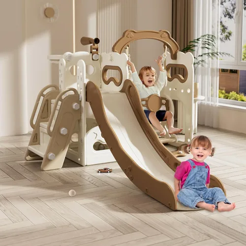 Vista 12 de DOREROOM Tobogán, columpio y tobogán para niños pequeños de 1 a 2 años con aro de baloncesto, telescopio para interiores y exteriores, parque