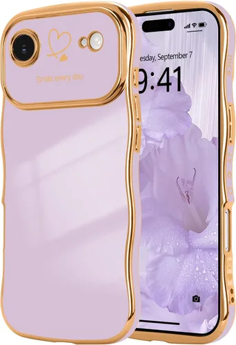 Vista 47 de LCHULLE - Funda para iPhone Air, linda para mujeres y niñas, con forma de onda, color azul bebé Luxury Plating Curly Wavy Frame with Love Heart