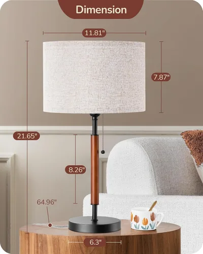 Vista 6 de EDISHINE Lámpara de mesa de mediados de siglo, lámpara de noche con interruptor de cadena con pantalla de lino, poste de madera maciza y base