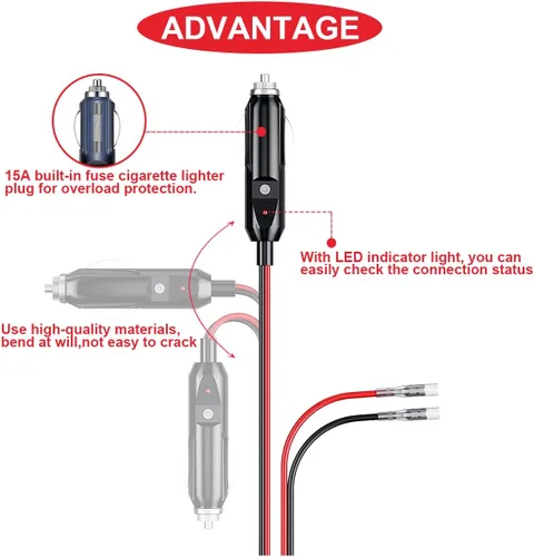 Vista 6 de Enchufe de repuesto para encendedor de cigarrillos macho de 12 V, enchufe macho de repuesto para encendedor de cigarrillos macho, con cables, luz