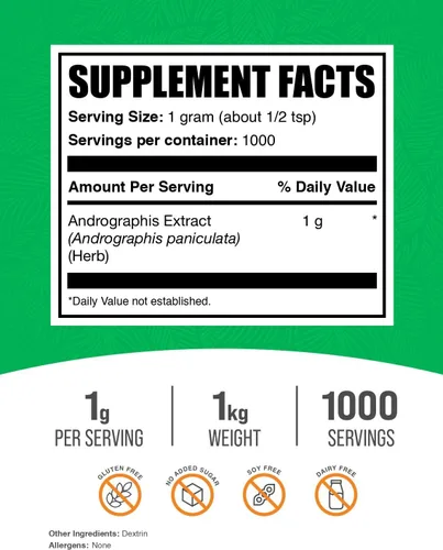 Vista 2 de BulkSupplements Andrographis Extracto en polvo – Andrographis Paniculata, suplemento herbario – Sin gluten, 0.04 oz por porción, 2.2 lbs