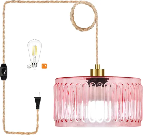 Vista 17 de Lámpara colgante de ratán para enchufar, con cable de enchufe, lámpara colgante de bambú regulable, tejida a mano estilo bohemio, pantalla