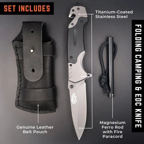 Vista 2 de Tactiko - Cuchillo de bolsillo plegable 4 en 1 para hombre con iniciador de fuego y bolsa de cinturón de cuero, cortador de cinturón de seguridad