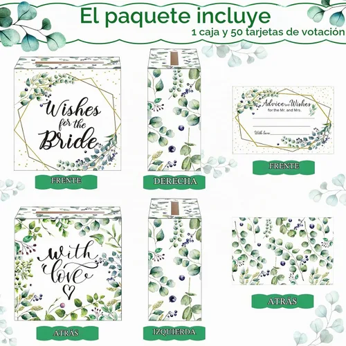 Vista 2 de Outus Caja de 51 tarjetas de boda con hojas de salvia con tarjetas de consejos, caja de tarjetas de despedida de soltera, cajas de sobre