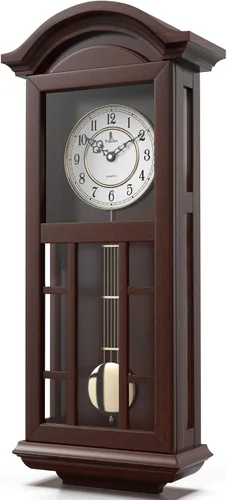 Vista 10 de Reloj de pared de péndulo a pilas, reloj de pared colgante de madera con péndulo, silencioso y sin timbre, madera real, decorativo para decoración