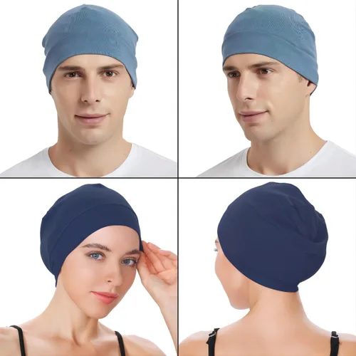 Vista 6 de Headshion Gorras de algodón con diseño de calavera para hombres y mujeres, paquete de 2 gorros ligeros para dormir, transpirables, forro para casco