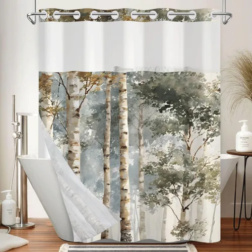 Vista 35 de No Hook Geometric Shower Curtain with Snap in Liner - 71″W x 74″L Waterproof Fabric with Mesh Top Window, Modern Abstract Triangle Design Bath