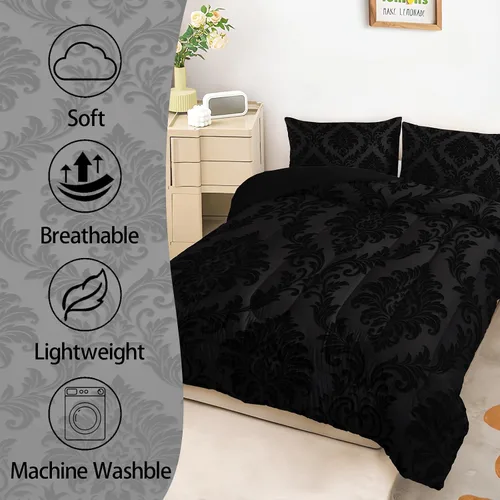 Vista 3 de AILONEN Juego de ropa de cama de 3 piezas, 1 edredón + 2 fundas de almohada, diseño floral adornado y medallones tonales para dormitorio gótico