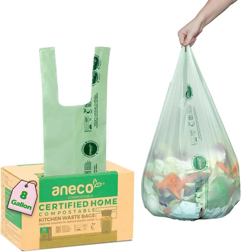 Vista 8 de ANECO Bolsas de basura 100% compostables para el hogar (bolsas de basura de 1.6 galones, 50 unidades), pequeñas bolsas de compost de cocina