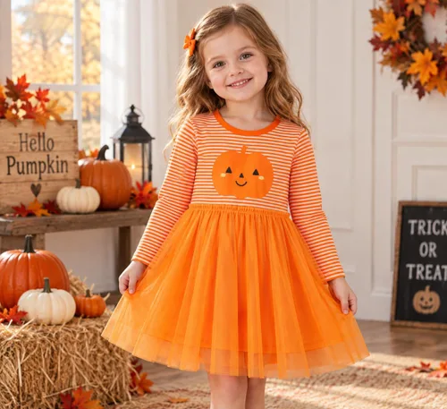 Vista 2 de HILEELANG Vestido de manga larga para niña pequeña, de algodón, con apliques, ropa casual para Navidad 23YD07#Pupkintulle