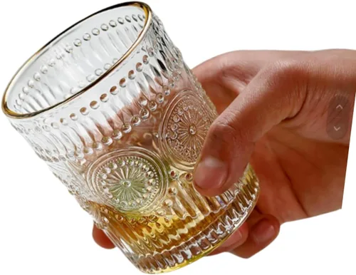 Vista 4 de Juego de 2 vasos vintage de 10 onzas para beber de cristal transparente, bonitas tazas de vidrio con girasol en relieve para café helado, té, jugo