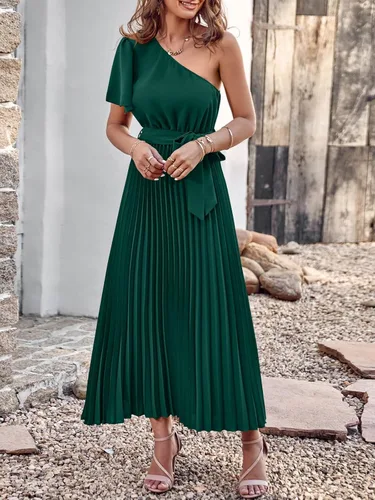 Vista 2 de MASCOMODA Vestido largo plisado de un hombro para mujer, vestido largo de verano floral bohemio de manga corta con lazo en la cintura y línea A