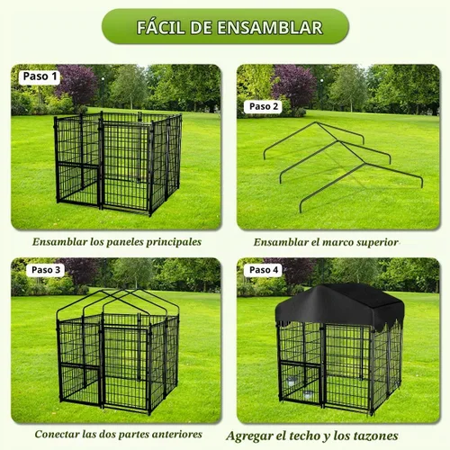 Vista 8 de Perrera resistente para perros al aire libre, perreras cubiertas exteriores con techo, 4 x 4.2 x 4.5 pies, puerta de comedero ajustable para perros