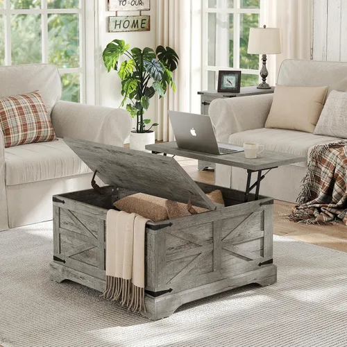 Vista 10 de Furnideco - Mesa de centro de granja con superficie elevable, mesa central cuadrada de madera con gran compartimento de almacenamiento oculto