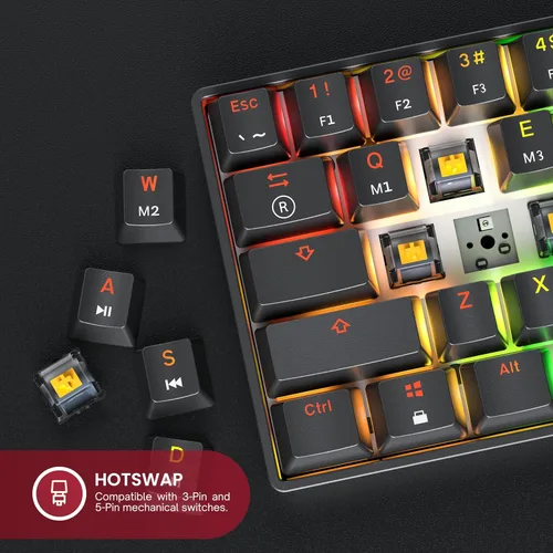 Vista 4 de Teclado mecánico para juegos 61 teclas multicolor RGB iluminado LED retroiluminado con cable programable para jugadores de PCMac