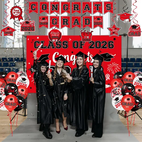Vista 4 de Decoraciones de graduación 2026, juego de decoraciones de graduación rojo y negro con pancarta y telón de fondo de felicitaciones, letrero