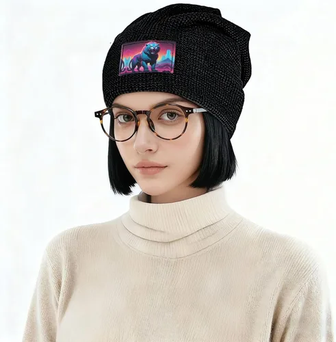 Vista 3 de Synthwave Sabertooth Patterned Black Fleece-Lined Warm Men's and Women's Hood, Winter Outdoor Sports Ski Cap