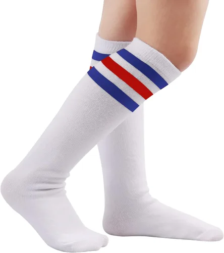 Vista 3 de BQUBO - Calcetines de fútbol para niños pequeños, calcetines de algodón a rayas hasta la rodilla, calcetines de tubo largo para niños y niñas de 3 a