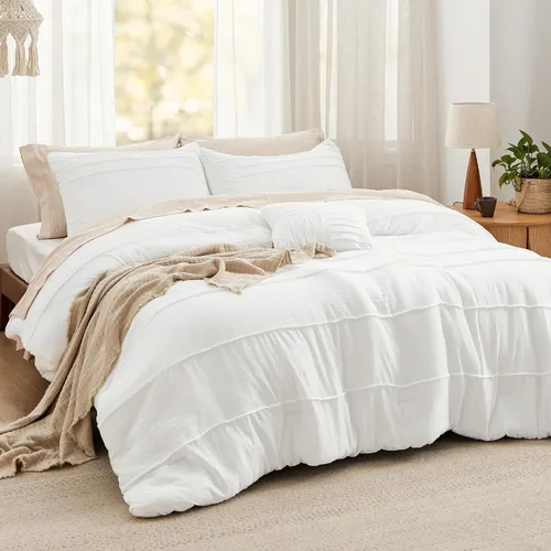 Vista 11 de Bedsure - Juego de edredón individual de 3 piezas, beige bohemio, plisado