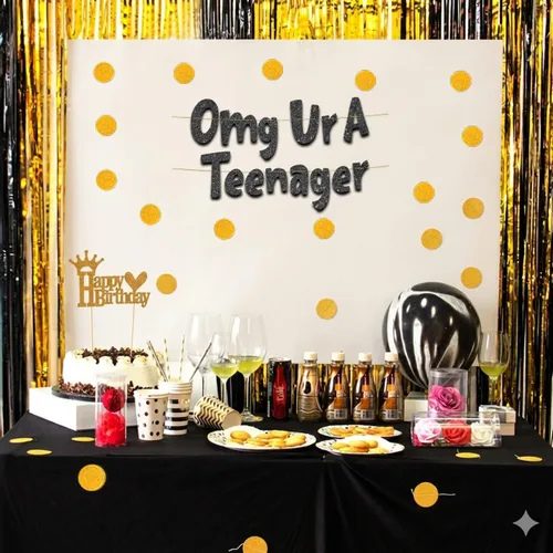Vista 5 de Cartel OMG con purpurina negra Ur A Teenager pre-encordado, decoraciones de cumpleaños número 13 para niños y niñas, suministros y regalos