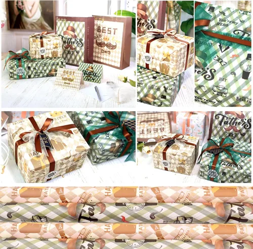 Vista 5 de Papel de regalo para el día del padre, 6 hojas de papel de regalo para hombres y papá, papel de regalo de estraza con bigote jazz sombrero traje