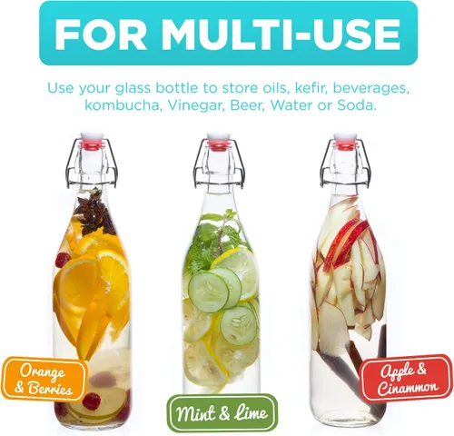 Vista 7 de Botellas de vidrio con tapa abatible [1 litro / 33 onzas líquidas] [Paquete de 4] - Botellas de coquito con tapa abatible para kombucha