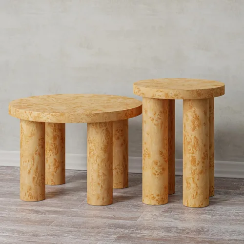 Vista 9 de Aoikax Juego de 2 mesas de centro redondas de madera de granja con acabado de chapa burl, mesas anidables rústicas modernas con patas de pilar