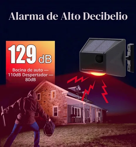 Vista 2 de Detector de sensor de movimiento al aire libre con alarma solar IP65 resistente al agua 129db alta sirena lámpara estroboscópica con control remoto