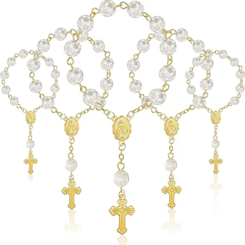 Vista 6 de 30 Pieces Baptism Rosary Gold Plated Finger Baptism Rosaries Acrylic Faux Pearls Rose Rosary Beads Recuerdos De Bautizo Communion Favors Christening