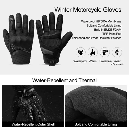 Vista 2 de INBIKE Guantes de invierno impermeables para motocicleta, con forro polar térmico, pantalla táctil, almohadilla de palma de TPR, amortiguación, Negro