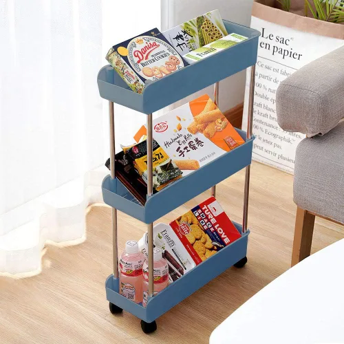 Vista 6 de Melody House - Estantería móvil delgada de 3 niveles sobre ruedas, organizador de almacenamiento de baño rodante, carrito de utilidad, estante