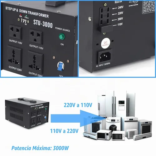 Vista 3 de Convertidor de voltaje Transformador de voltaje de 3000 vatios, Convertidor de corriente AC 220V/110V, Protección contra rotura de circuito, Puerto