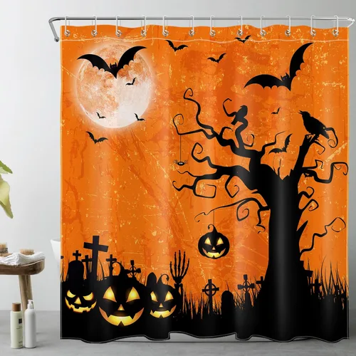 Vista 9 de EOBTAIN Cortina de ducha de cielo nocturno azul de Halloween para baño, espeluznante calabaza y murciélago en árbol muerto en cementerio aterrador