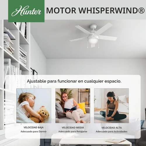 Vista 2 de Hunter Anslee, Ventilador de techo, para interiores, con luz LED, 46 Montaje estándar, cadena de tracción, 5 cuchillas, para dormitorio, sala