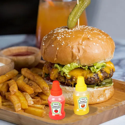 Vista 2 de 4 mini botellas de salsa de tomate para lonchera, recipientes de aderezo de ensalada de 0.8 fl oz, botellas pequeñas para condimentos para salsa