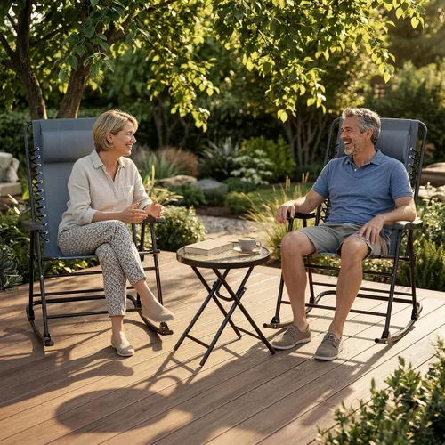 Vista 8 de Outsunny Juego de 3 piezas de mesa mecedora para exteriores, juego de mesa plegable para patio con mesa de centro de cristal para patio, terraza