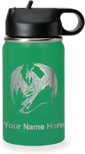 Vista 63 de LaserGram Botella de agua con tapa abatible de doble pared de 12 onzas con pajilla, dragón, grabado personalizado incluido (negro)