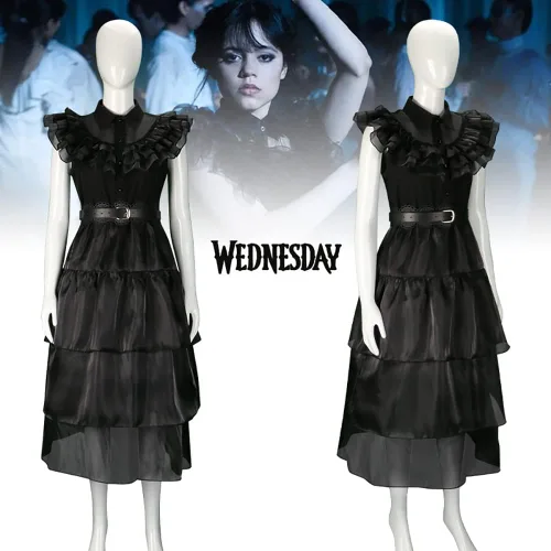 Vista 3 de Leunsyoukin Wednesday Addams - Disfraz de Addams para niños y niñas, disfraz de Halloween para fiesta de cosplay, disfraz de Addams con cinturón