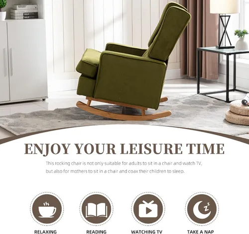 Vista 5 de QQU Mecedora con brazos, silla de ocio para interiores, cómoda silla de respaldo alto con base de madera maciza, bolsillo lateral para sala