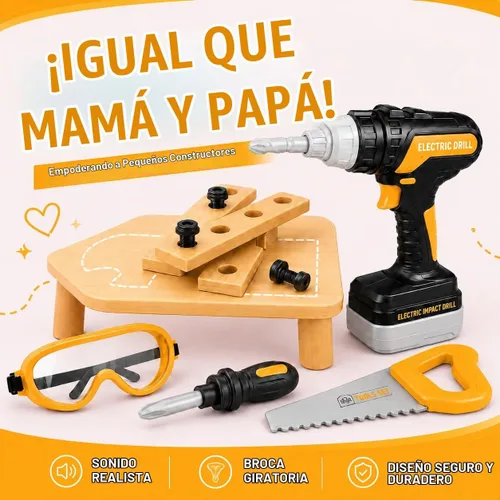 Vista 8 de Juego de herramientas para niños con estuche de transporte, taladro electrónico con brocas y chaleco de construcción – Kit de juego simulado