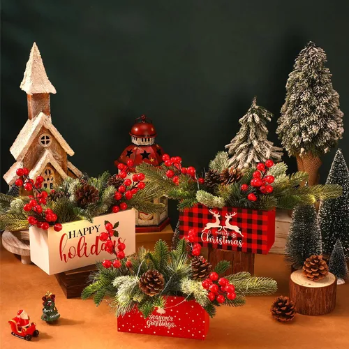 Vista 4 de Hotop Juego de 3 centros de mesa de Navidad, 90 piezas de ramas artificiales nevadas, conos de pino acebo, bayas con caja de madera para casa